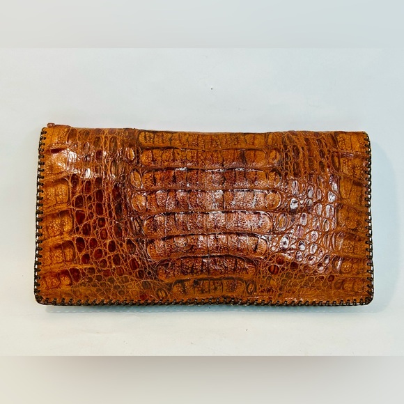 Vintage Mid-Century Genuine Alligator Brown Leather Clutch with Whipstitch Edges